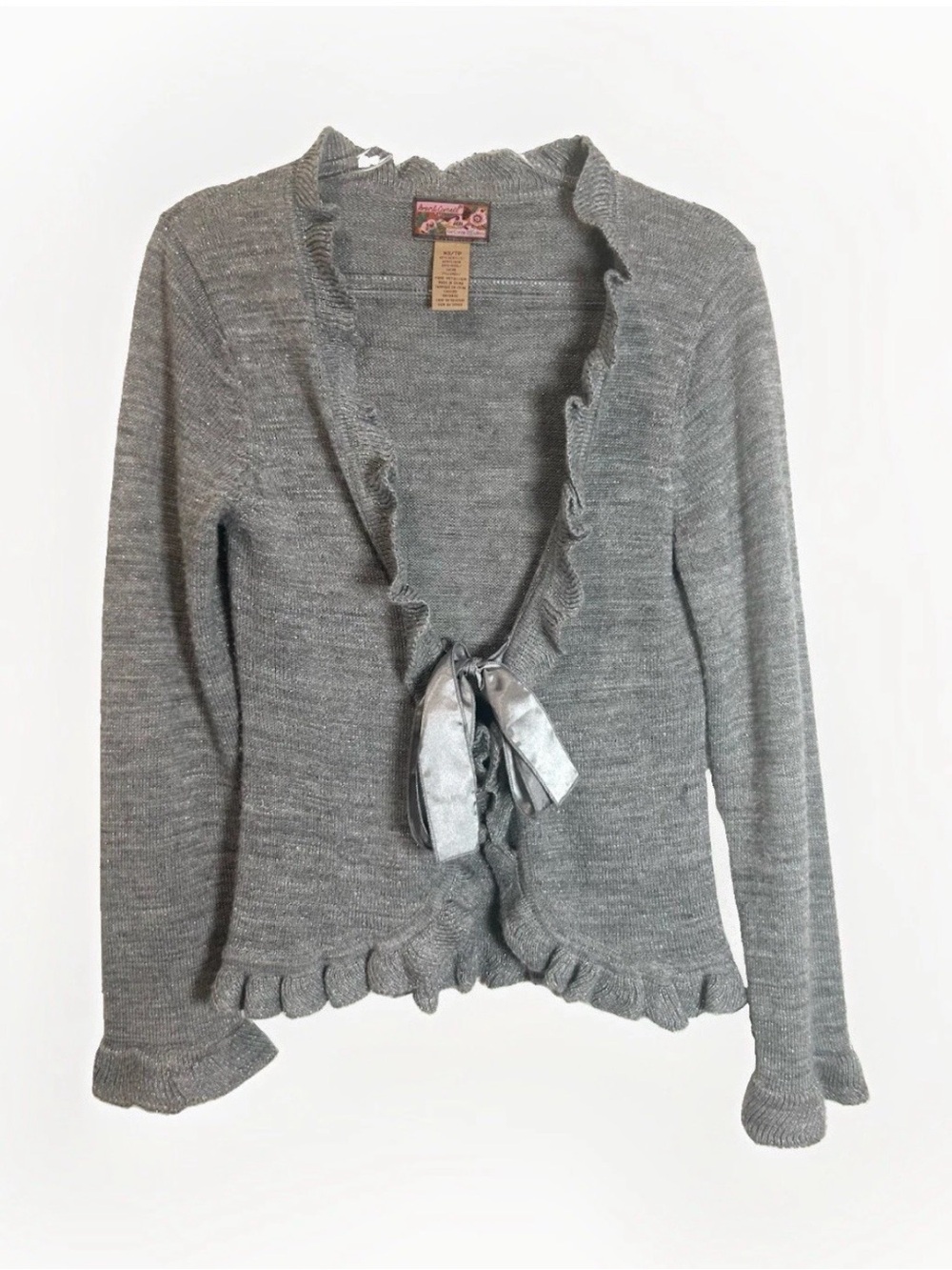 Vintage April Cornell Cardigan Sweater Wool Blend Tie Front Sz XS Metallic Gray